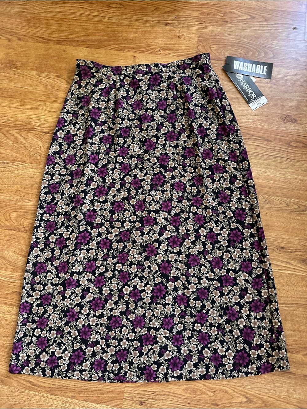 NWT Vintage Sag Harbor Beige Black Purple Floral Midi Skirt Petite Medium